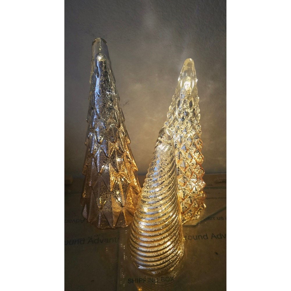 3 Piece Mercury Glass Lighted Christmas Trees Champagne Gold LED Tabletop Decor